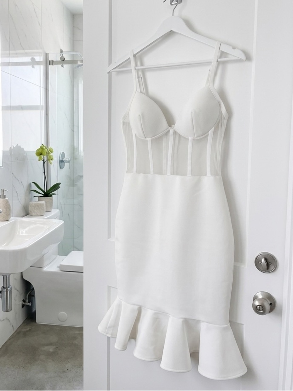 White Corset Bodice Ruffle Hem Dress